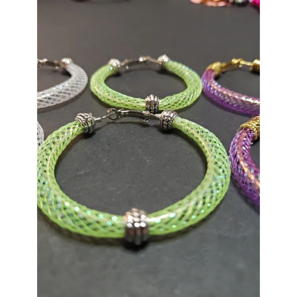 Handmade Lime Green Mesh Tube Hoop Earrings | Silver Bead Accents